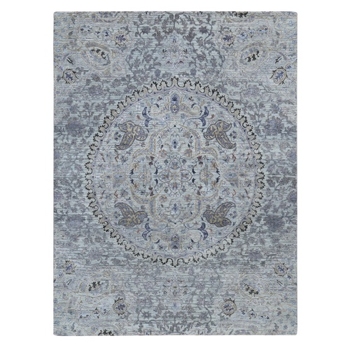 Ash Gray, The Maharaja, Real Silk with Some Textured Wool and Natural Abrash, Hand Knotted Oriental Rug
