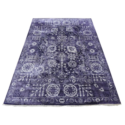 Medium Purple, Transitional Tabriz, Wool and Silk, Hand Knotted, Oriental Rug
