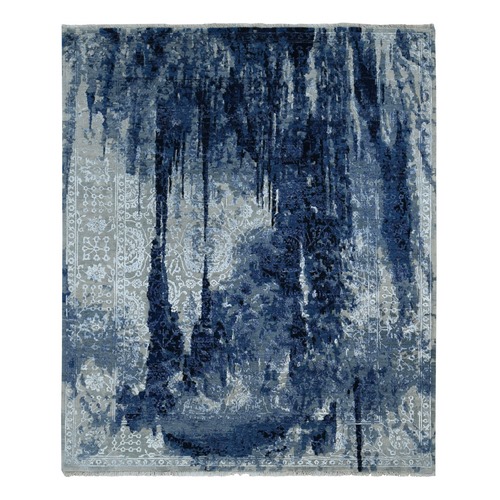 Battleship Gray, Wool and Silk, Dripping Ink Shibori Transitional Design, Tone on Tone, Hand Knotted, Oriental Rug
