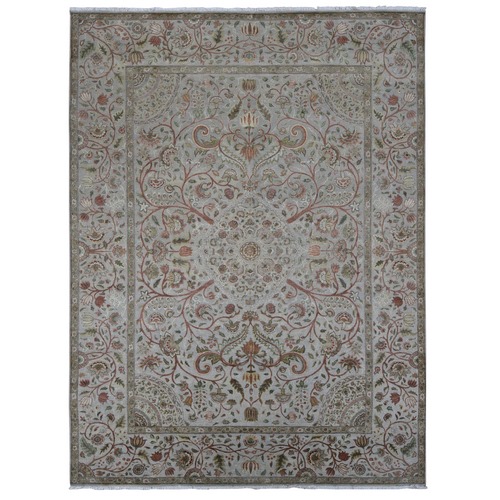 French Gray, Pure Silk with Textured Wool, Mughal Inspired Branch and Flower Design, Hand Knotted, Oriental 