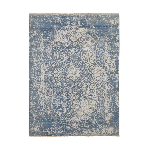 Denim Blue, Wool and Pure Silk, Hand Knotted, Broken and Erased Persian Design, Oriental Rug