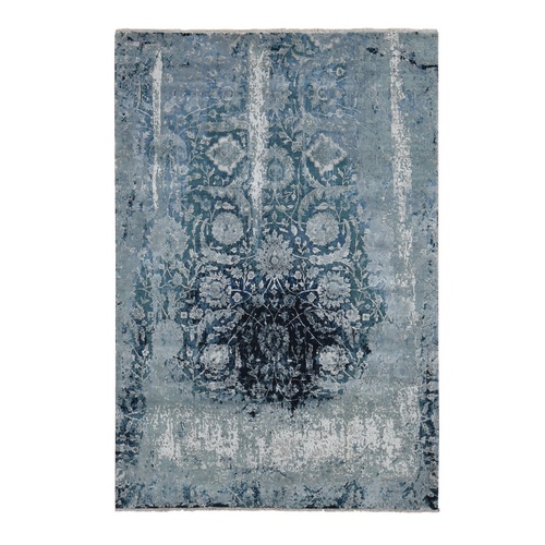 Aegean Blue, Persian Tabriz Broken and Erased Design, Wool and Silk, Hand Knotted, Oriental Rug