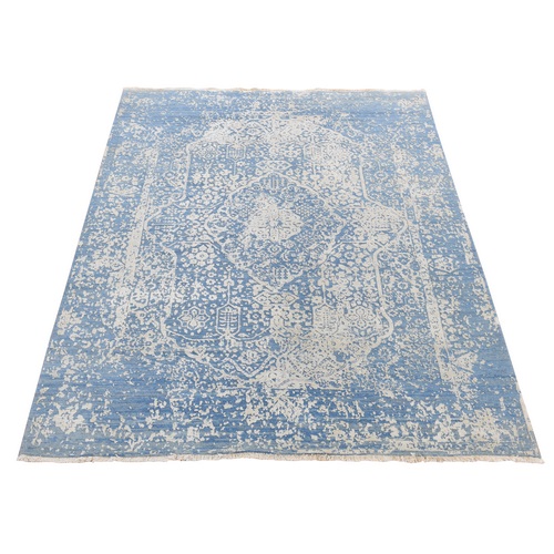 Air Force Blue, Hand Knotted, Broken and Erased Persian Medallion Design, Wool and Pure Silk, Oriental Rug