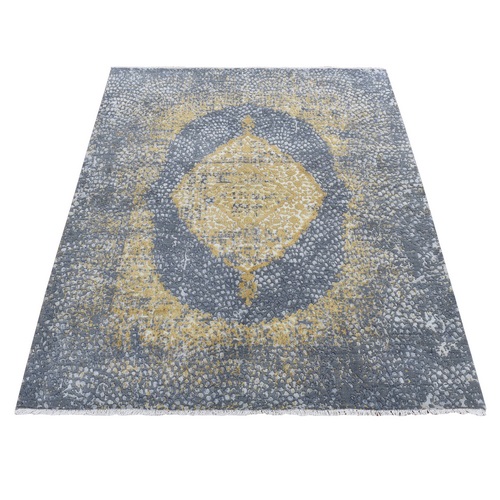 Carbon Gray with Mix of Gold, Persian Medallion Design, Wool and Pure Silk, Hand Knotted, Oriental Rug