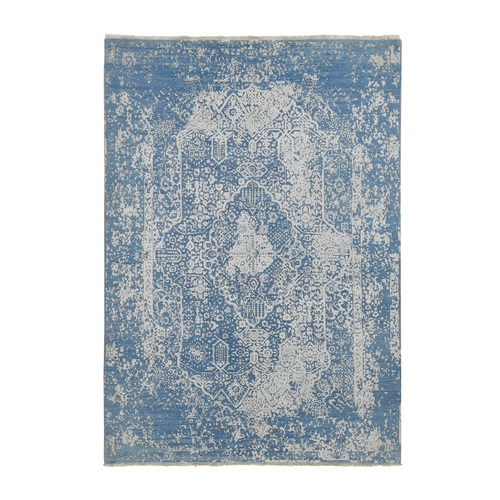 Air Superiority Blue, Pure Wool, Hand Knotted, Broken Persian Design, Oriental Rug