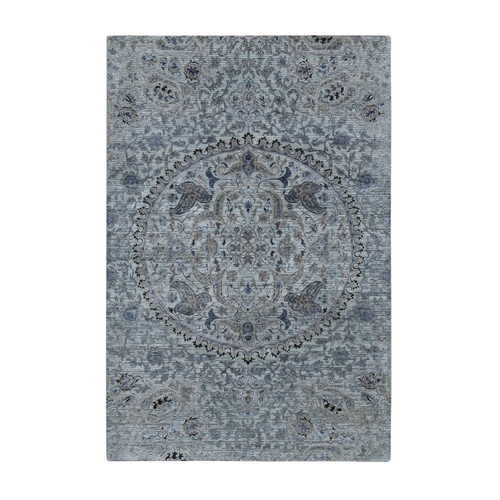 Medium Gray, THE MAHARAJA, Pure Silk with Textured Wool, Hand Knotted, Oriental Rug