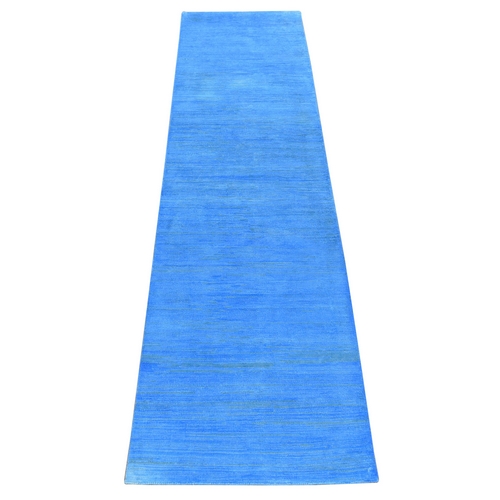 Ruddy Blue Overdyed Textured Wool, Hand Knotted Modern Design, Runner Oriental 