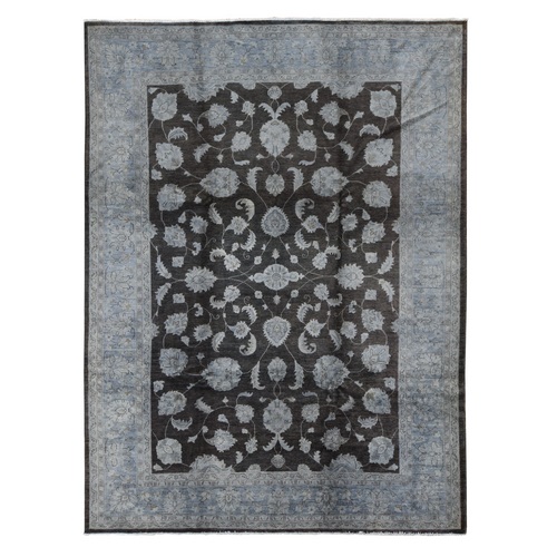 Black Overdyed Afghan Peshawar with All Over Design, Hand Knotted Pure Wool, Oriental 