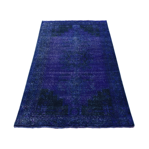 Admiral Blue, Soft Wool, Handmade, Overdyed Vintage Persian Tabriz, Wide Runner, Oriental 
