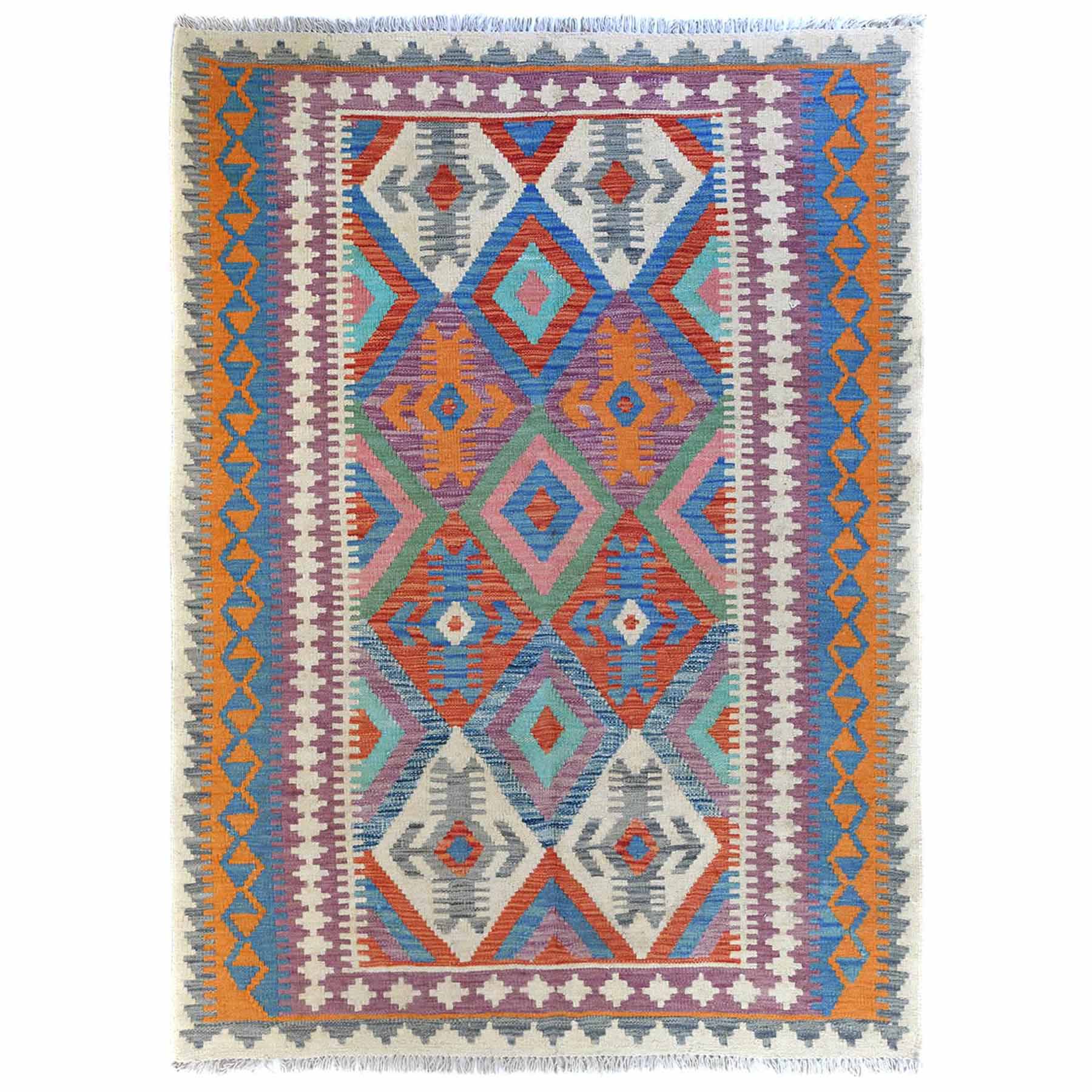 Geometric Ivory Kilim Reversible Hand-woven Tribal Oriental Area Rug 6x8 Carpet 