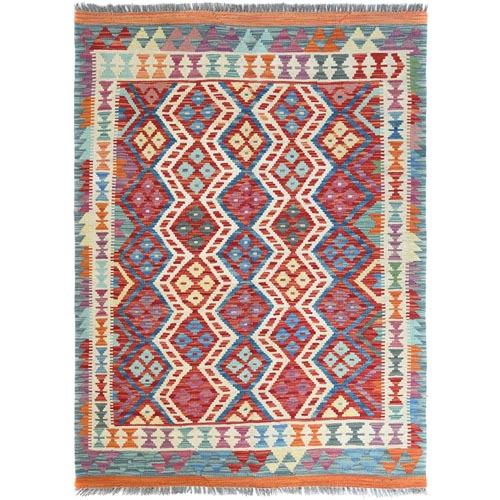 Colorful, Afghan Kilim with Geometric Design, Vibrant Wool, Hand Woven, Vegetable Dyes, Flat Weave, Reversible Oriental 