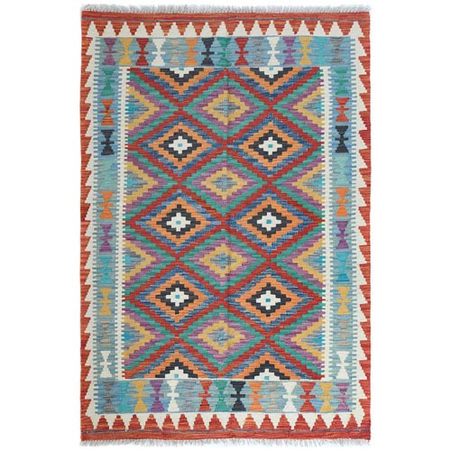 Colorful, Afghan Kilim with Geometric Design, Hand Woven, Vegetable Dyes, Flat Weave, Reversible, Pure Wool Oriental 