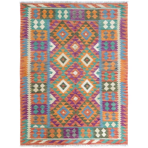 Colorful, Afghan Kilim with Geometric Design, Hand Woven, Vegetable Dyes, Flat Weave, Reversible, Vibrant Wool Oriental 
