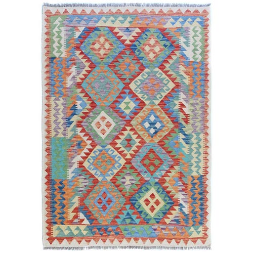 Colorful, Afghan Kilim with Geometric Design, Hand Woven, Reversible, Vegetable Dyes, Flat Weave, Pure Wool Oriental 