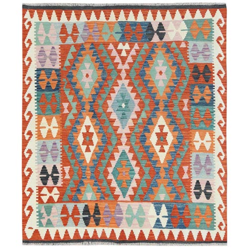 Colorful, Afghan Kilim with Geometric Design, Hand Woven, Veggie Dyes, Flat Weave, Reversible, Organic Wool Oriental Squarish 