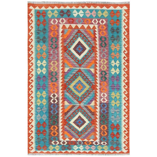Colorful, Afghan Kilim with Geometric Design, Hand Woven, Reversible, Vegetable Dyes, Flat Weave, Shiny Wool Oriental 
