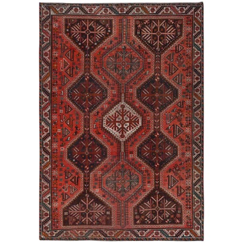 Terracotta Red, Hand Knotted Vintage Persian Shiraz, Sheared Low Distressed Look Worn Wool, Oriental 