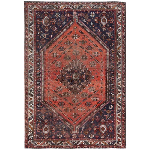 Terracotta Red, Vintage Persian Shiraz Sheared Low, Distressed Look Worn Wool Hand Knotted, Oriental 