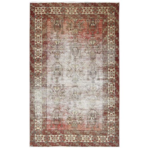 Terracotta Colors, Distressed Look Worn Wool Hand Knotted, Vintage Persian Shiraz Erased Sheared Low, Oriental 