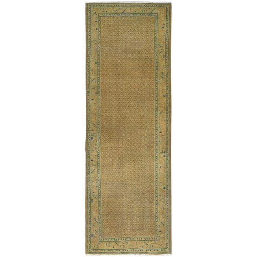 Gold Colors, Worn Wool Hand Knotted Sarouk Mir with Repetitive Small Boteh Design, Sheared Low Distressed Look, Wide Runner Oriental 