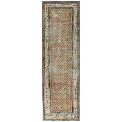 Sunset Colors, Vintage Persian Sarouk Mir with Repetitive Small Boteh Design, Sheared Low Distressed Look Worn Wool Hand Knotted, Wide Runner Oriental 