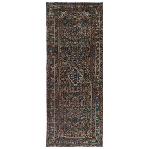 Walnut Brown, Vintage Persian Hamadan with Fish Mahi Design Sheared Low, Distressed Look Worn Wool Hand Knotted, Wide Runner Oriental 