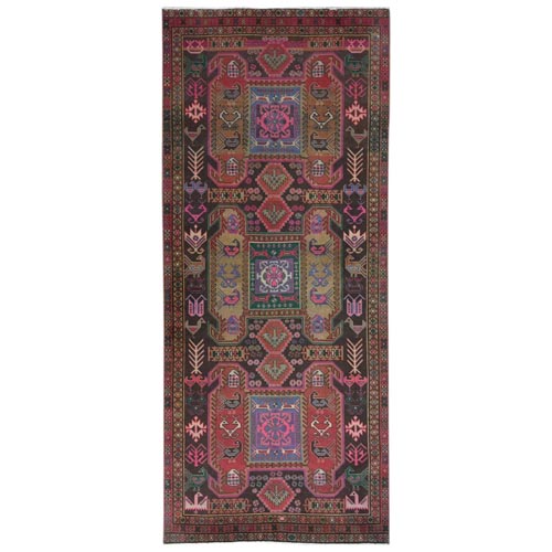 Chocolate Brown, Vintage Northwest Persian with Large Elements, Abrash Cropped Thin Distressed Look Worn Wool Hand Knotted, Wide Runner Oriental 