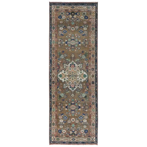 Almond Brown, Vintage Persian Hamadan with Flower Design Sheared Low, Distressed Look Worn Wool Hand Knotted, Wide Runner Oriental 