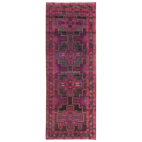 Hot Pink and Purple, Hand Knotted Vintage Persian Hamadan, Sheared Low Distressed Look Worn Wool, Wide Runner Oriental 
