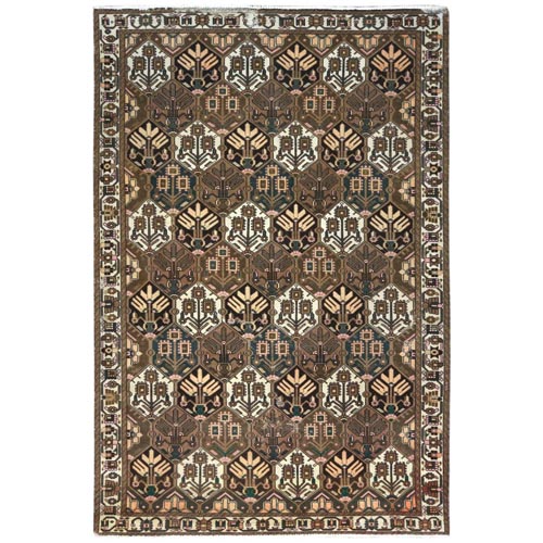 Almond Brown, Vintage Persian Bakhtiar with Repetitive Diamond Patch Design Sheared Low, Distressed Look Worn Wool Hand Knotted, Oriental 