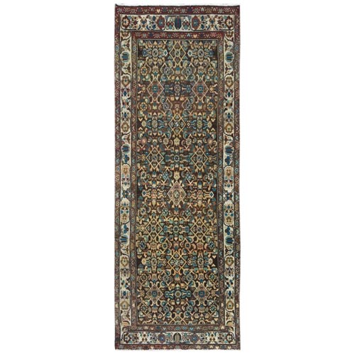 Chocolate Brown, Worn Wool Hand Knotted Vintage Persian Hamadan with Fish Mahi All Over Design, Sheared Low Distressed Look, Wide Runner Oriental 