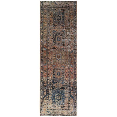 Sunset Colors, Vintage Persian Karajeh Sheared Low Distressed Look Worn Wool Hand Knotted, Wide Runner Oriental 