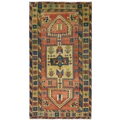Soft Terracotta, Worn Wool Hand Knotted, Vintage Persian Hamadan with Unique Anchor Medallion Abrash, Sheared Low Distressed Look, Gallery Size Runner Oriental 