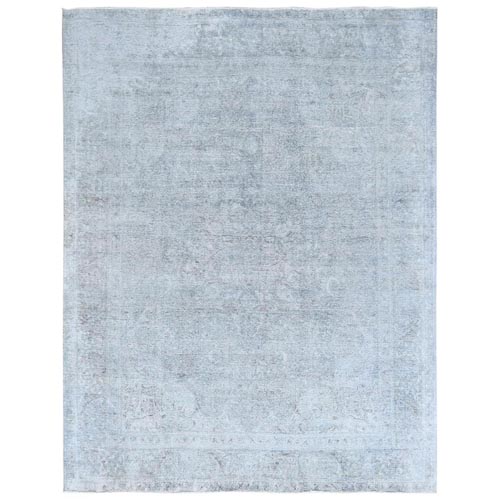 Light Blue Shabby Chic Vintage Persian Tabriz Hand Knotted Worn Wool, Sheared Low Distressed Look Oriental 