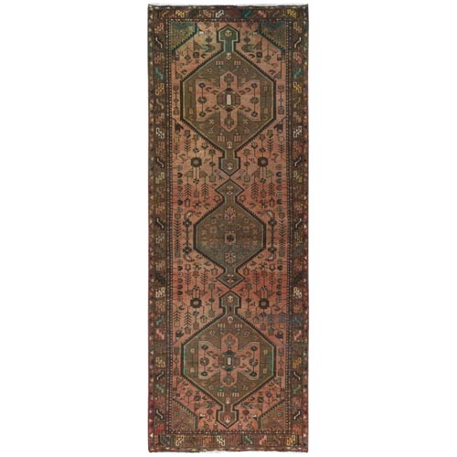 Earth Tone Colors, Worn Wool Hand Knotted, Vintage Persian Hamadan Cropped Thin Distressed Look, Wide Runner Oriental 
