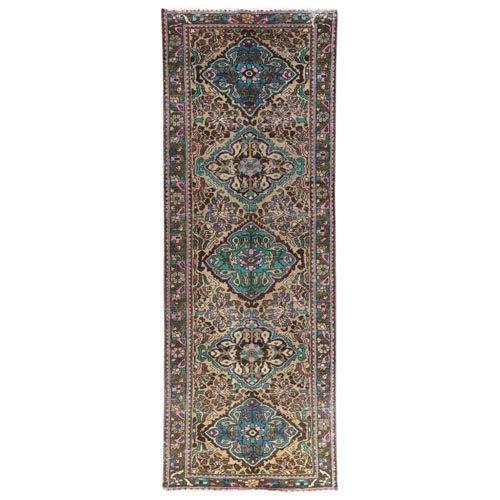 Green with Touches of Pink, Distressed Look Worn Wool Hand Knotted, Vintage Persian Bakhtiar Cropped Thin, Wide Runner Oriental 