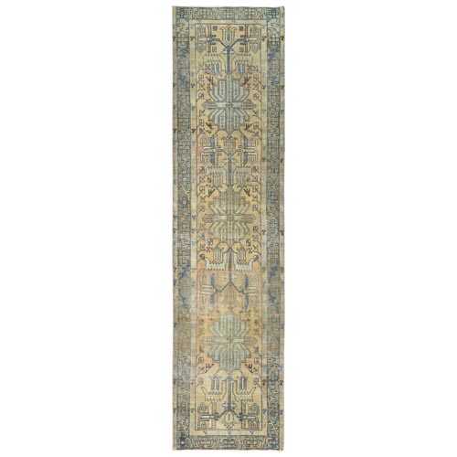 Yellow, Worn Wool Hand Knotted, Vintage Persian Karajeh Cropped Thin Distressed Look, Wide Runner Oriental Village 