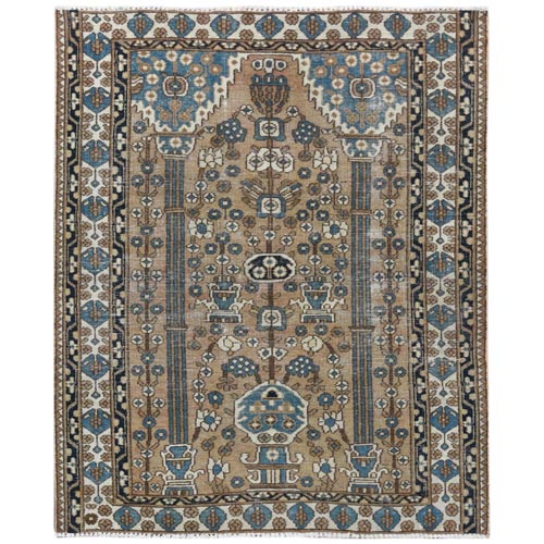 Almond Brown, Worn Wool Hand Knotted, Vintage Persian Heriz with Prayer Design Sheared Low Distressed Look, Oriental 