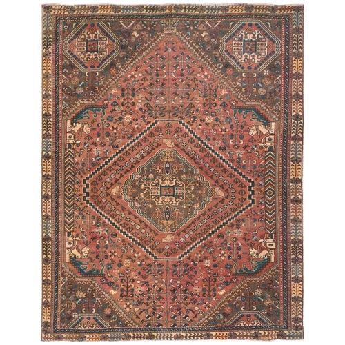Terracotta Red, Vintage Persian Shiraz Sheared Low, Distressed Look Worn Wool Hand Knotted, Oriental 