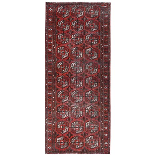 Tomato Red, Distressed Look Worn Wool Hand Knotted, Vintage Persian Turkaman with Elephant Feet Design Cropped Thin, Wide Runner Oriental 