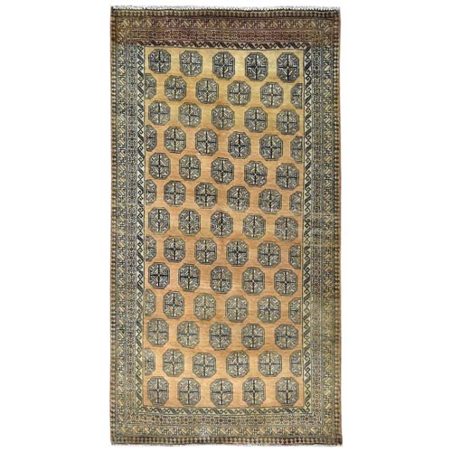 Gold Color, Hand Knotted Vintage Persian Turkaman with Repetitive Small Elephant Feet Design, Cropped Thin Distressed Look Worn Wool, Oriental 