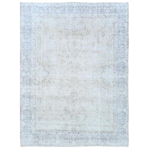 Ivory Semi Antique Persian Kerman, Distressed Look, Hand Knotted Cropped Thin, Worn Wool Oriental 