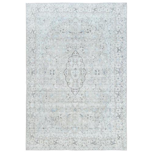 Beige Vintage Persian Kerman Hand Knotted Worn Wool Sheared Low Shabby Chic Distressed Look Oriental 