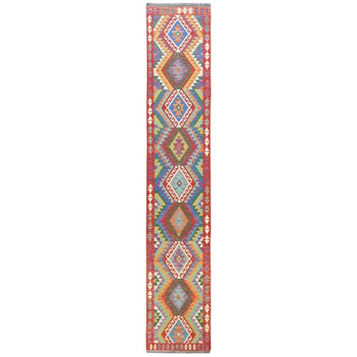 Colorful, Afghan Kilim with Geometric Design, Hand Woven, Vegetable Dyes, Flat Weave, Reversible, Pure Wool XL Runner Oriental 