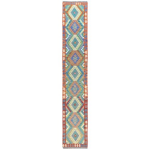 Colorful, Afghan Kilim with Geometric Design, Hand Woven, Veggie Dyes, Flat Weave, Reversible, Organic Wool XL Runner Oriental 