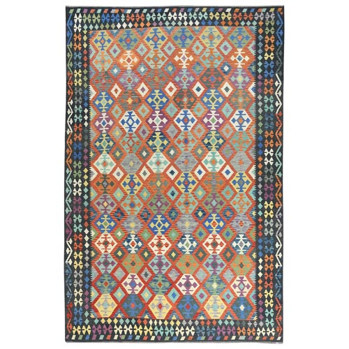 Colorful, Hand Woven Afghan Kilim with Geometric Design, Flat Weave Veggie Dyes Organic Wool, Reversible Oversized Oriental 