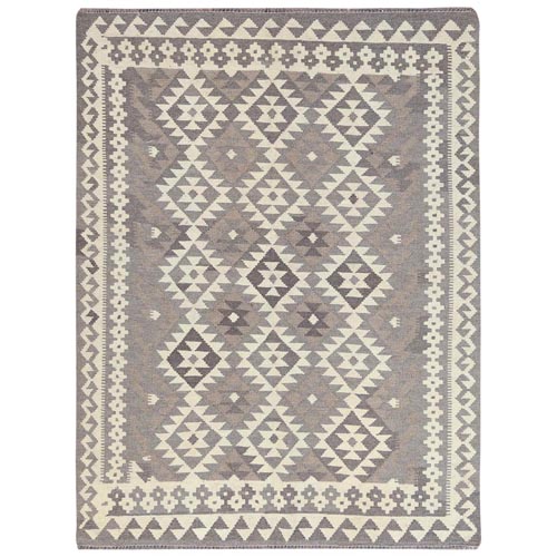 Gray, Pure Wool Hand Woven, Afghan Kilim with Geometric Elements Flat Weave Veggie Dyes, Reversible Oriental 