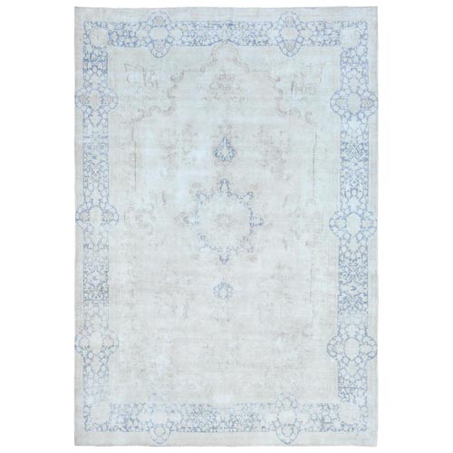Light Blue Worn Wool, Cropped Thin, Hand Knotted Distressed Look, Shabby Chic Semi Antique Persian Kerman Oriental 