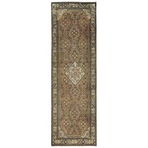 Hazel & Almond Brown Vintage Persian Hamadan with Tabriz Fish Design, Hand Knotted, Pure Wool, Distressed, Cropped Thin Wide Runner Oriental 