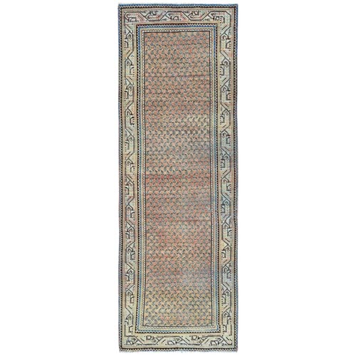 Light Red, Sheared Low, Vintage Persian Serab with Small Boteh Repetitive Design, Hand Knotted, Distressed, Pure Wool Wide Runner Oriental 